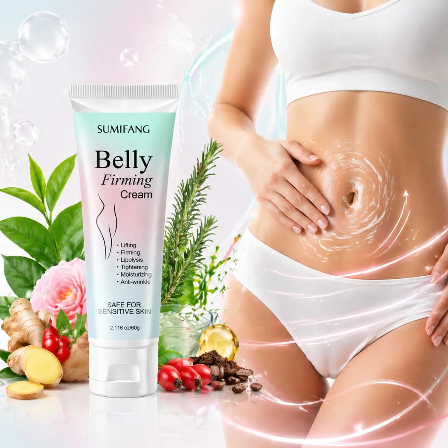 SUMIFANG Abdominal Firming Cream – Body Contouring Cream, Body Sculpting Cream – Shea Butter + Jojoba Oil + Rosehip Oil + Vitamin E – Nourishes, moisturizes, improves elasticity and firmness, Helps reduce belly bulge and sagging, Non-greasy