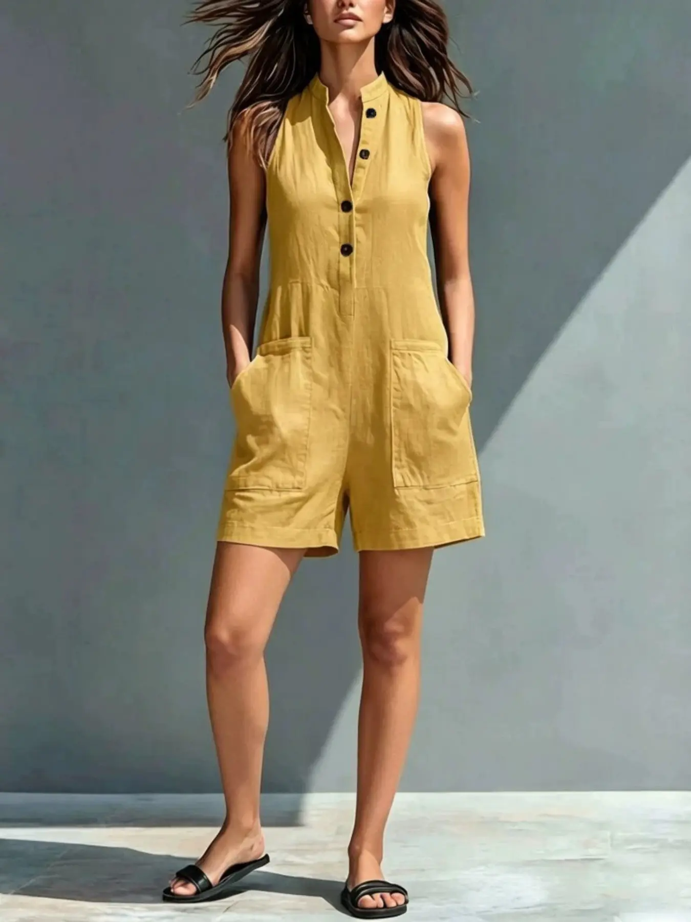 Women's Sleeveless Romper, Button Front Overalls, Lightweight Summer Fashion Chic Button Pocket Design, Comfortable and Stylish Casual Wear, Perfect for Relaxing