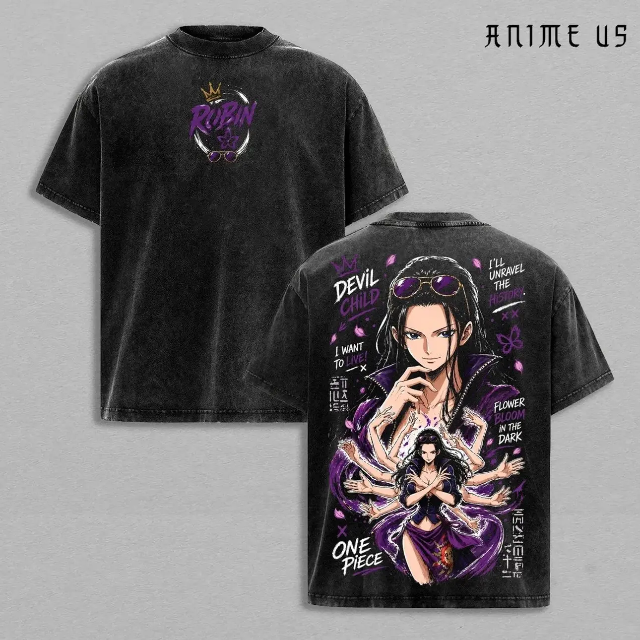 Nico Robin Vintage Washed T-Shirt One Piece Anime Graphic Tee Devil Child Oversized Streetwear Shirt Manga Fan Gift Unisex Clothing ORG