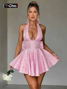 Elegant Sexy Cute Jacquard Knit Halter Neck Butterfly Knot Womenswear Dress, Slim-Fitting Summer Fashion, Thin Fabric, Perfect for Parties & Events