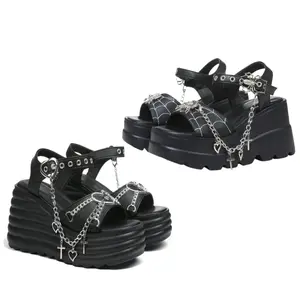 Clearance Sale Platform Sandals For Women Sweet Gothic Punk Heart Chain Buckle Comfort Square Toe High Slop Heel Wedge Sandals Web Embroidered Spider Black Flatform Walking Shoes Footwear Girl Summer