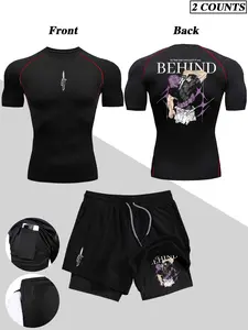 Men's Sporty Fitness Set, Sports Wear Set, Colorful Print Tight Shorts and T-Shirt, Quick-Dry Elastic Round Neck Top, Ideal for Running and Training