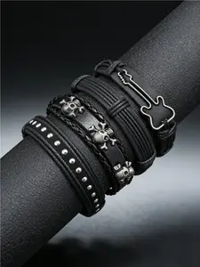 Black leather layered bracelet set, featuring stud, skull & guitar designs. Fine texture, distinctive and versatile style, ideal for casual/trendy looks—unisex characteristic accessory.