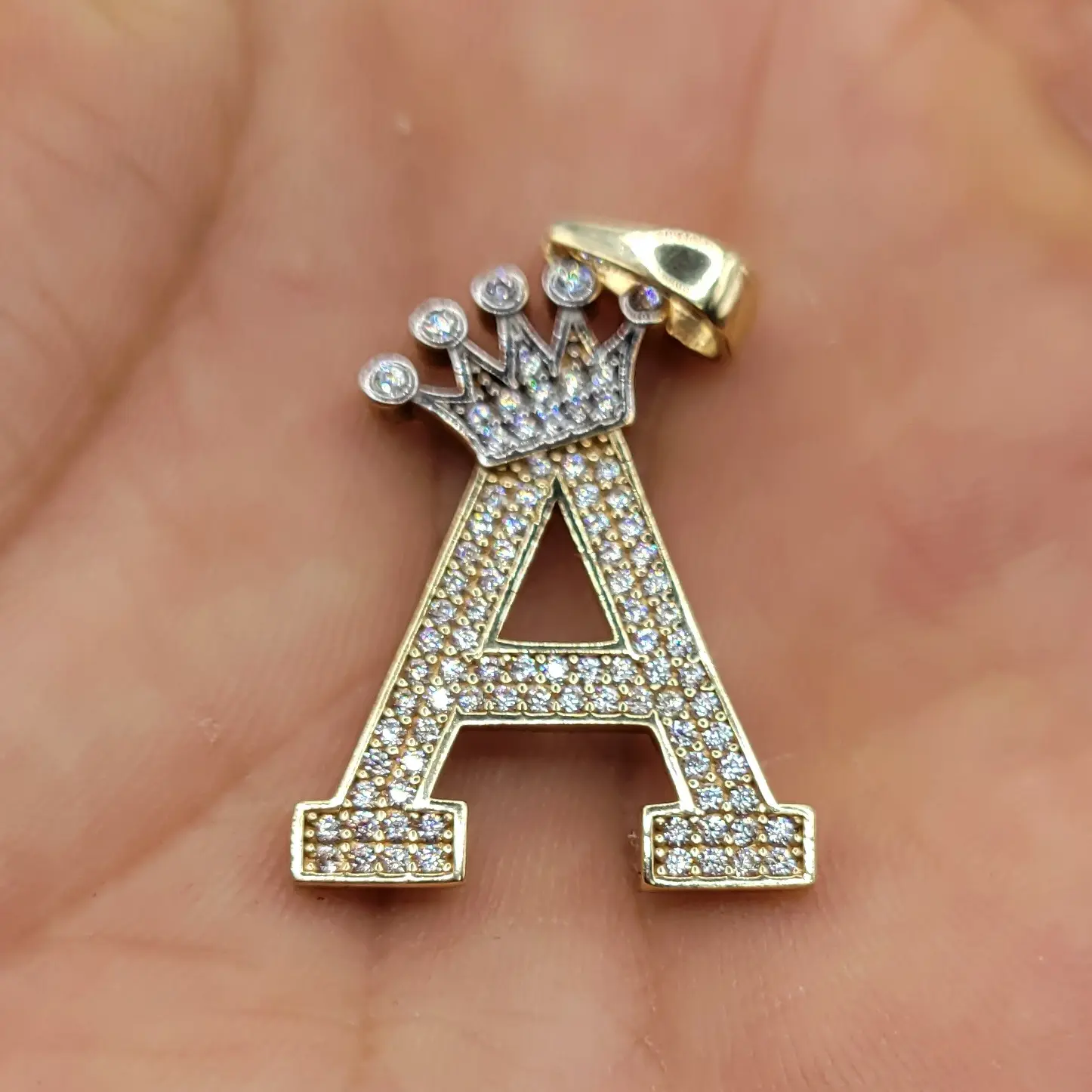 Initial A Pendant with Full Crown of CZ 2T Large solid Gold Letter A Charm for Necklaces