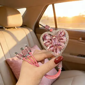 Cute Pink Heart Bling 3-in-1 Car Charger Cable Fast Charging Multi USB Cord for iPhone & Android Stylish Car Accessory for Girls
