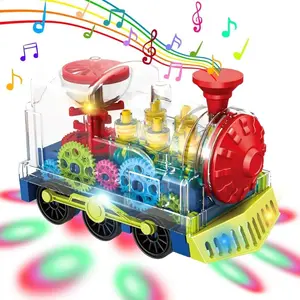 Transparent Gear Train Toy with LED Light Music, Bump and Go Electric Train, Educational Moving Gears Toy for Toddlers, Perfect Christmas Birthday Easter Gift for Kids Boys Girls