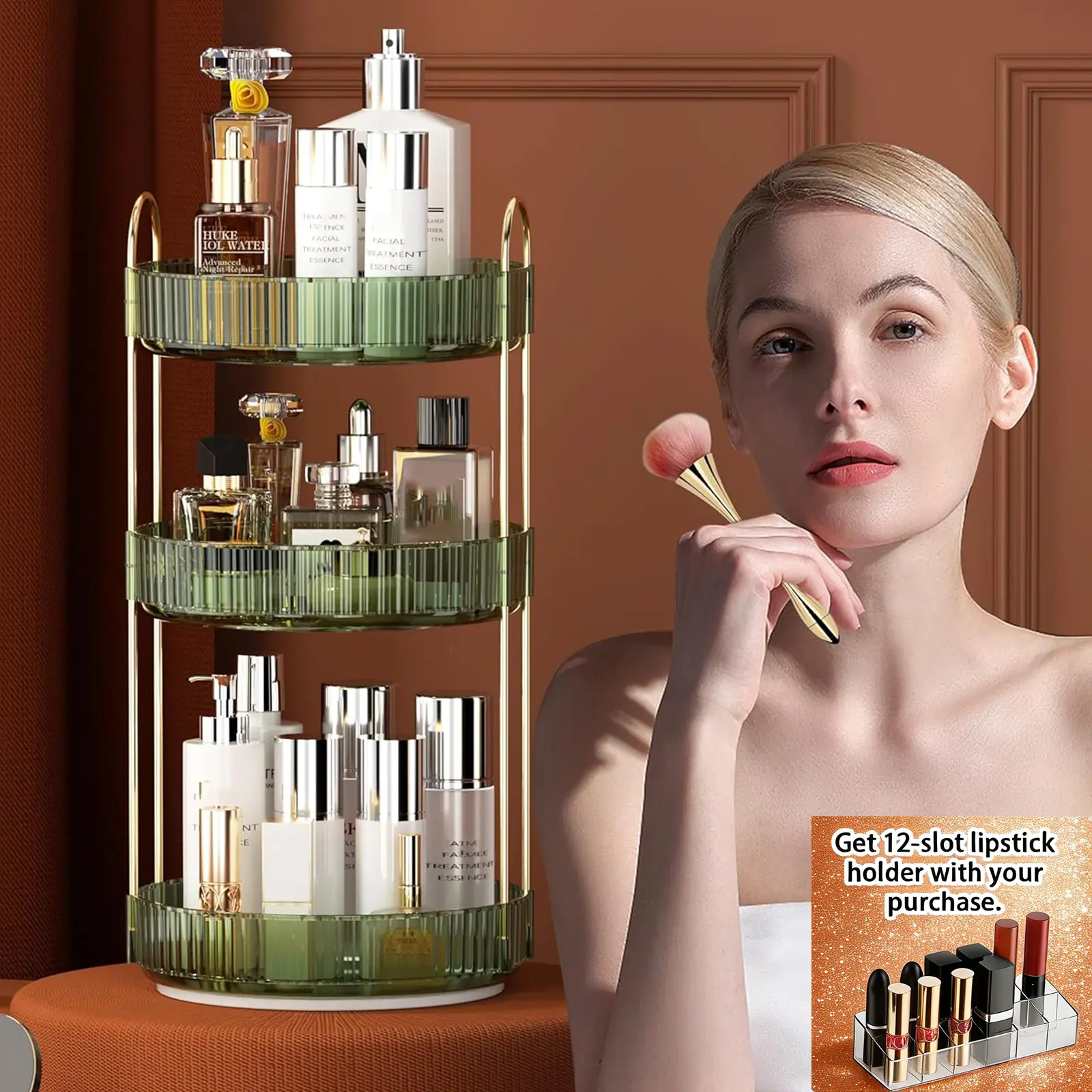 360° rotating storage rack for storing cosmetics, kitchen items, and office desk stationery; includes 12 lipstick holders; available in green, transparent, and gold, three tiers. Home Organizer Multi Grids Organizer summerwins Set Perfume