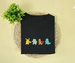 Geometry Cute Unisex Embroidery Tshirt Funny Shirt Pikachu Embroidery Unisex T-Shirt Charmander Squirtle Bulbasaur Shirt Retro Anime Shirt TS033