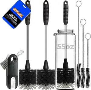 6 Pack Bottle Brush Set – 14" Long Handle Stainless Steel Bottle Cleaner Brush – Includes 3 Straw Brushes and 3-in-1 Bottle Cleaning Brush