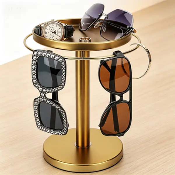 Gold Stainless Steel Metal 360° Rotating Sunglasses Holder with Tray - Minimalist Household Room Decor Home Organizer Rack, No Glue Needed, Reusable, Ideal for Desk, Bracelet & Earring Storage