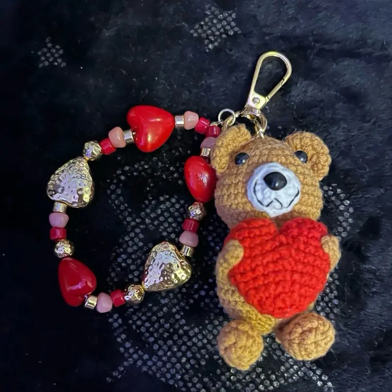 EyeCandy Adorable Crochet Teddy Bear Keychain with Red Heart Beaded Bracelet for Valentine's Day Gifts