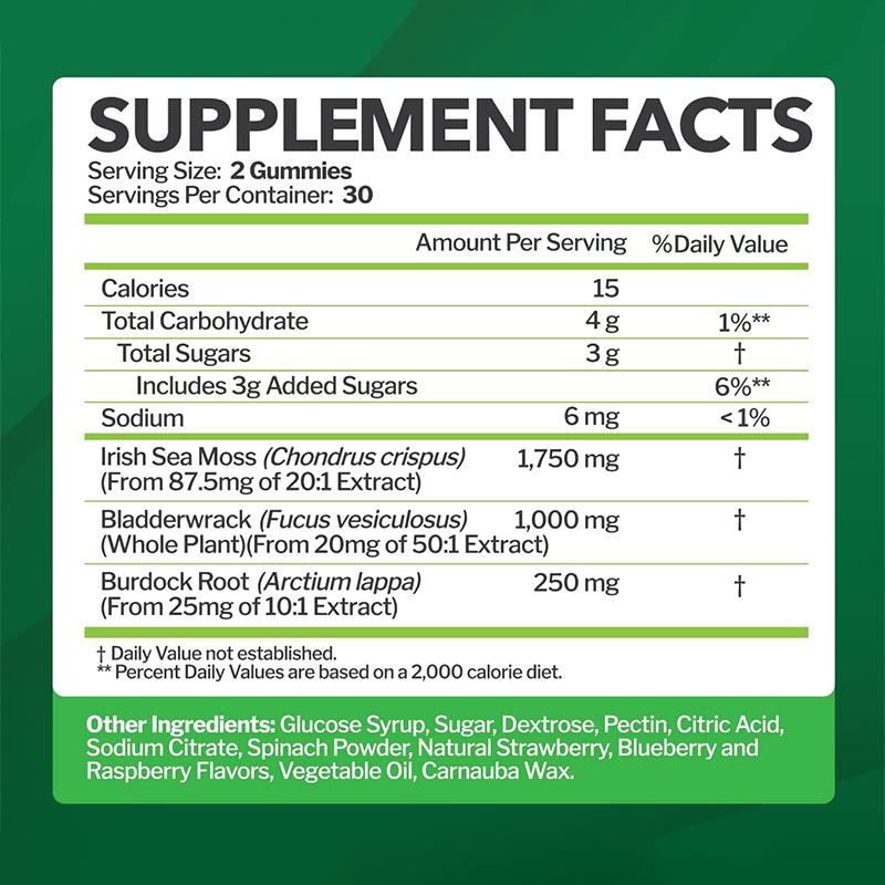 SEAMOSS GUMMIES--NATURAL MIXED BERRY FLAVOR-1750MG OF WILDCRAFTED IRISH SEAMOSS/1000MG OF BLADDERWEACK/250MG OF BUR DOCK ROOT---GMO,GLUTEN,DAIRY-FREE