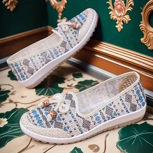Rain Core | Boho Style Woven Flat Shoes with Cute Bow Detail Lightweight, Breathable & Super Comfortable for Daily Casual Wear