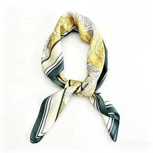 Female 75g Ultra-Lightweight Yellow Peony Print Square Silk Scarf - Soft, Breathable Women's Headscarf, All-Season Accessory for Summer Air-Conditioned Spaces, Daily Use, Bridesmaid Gift