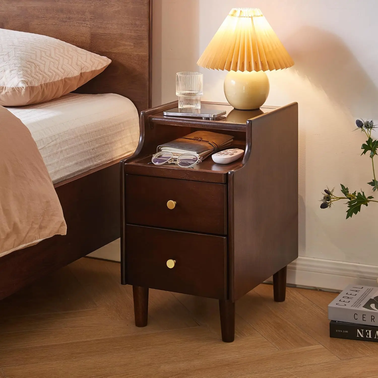 Art Deco Solid Wood Nightstand - 2-Drawer Vintage Multi-Purpose Small-Scale Storage Cabinet, Flip-Top, Pull-Out Panel, 11.81x15.35x19.88in, 17.90lbs, Assembly Required, Hardware Included, Walnut Vintage-Themed Bedroom Furniture