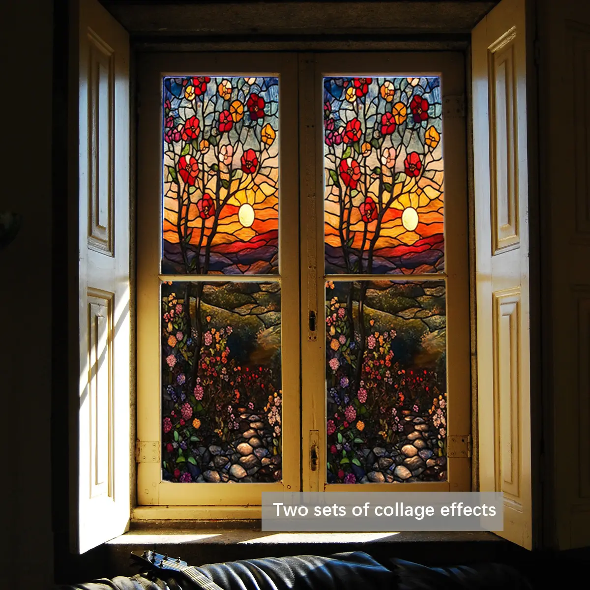 New Deep Color Romantic Oil Painting Rose Sunset Large Window Sticker, Dual-Sided Visible Static Glass Decal for Bedroom Living Room Bathroom Decorative Stickers