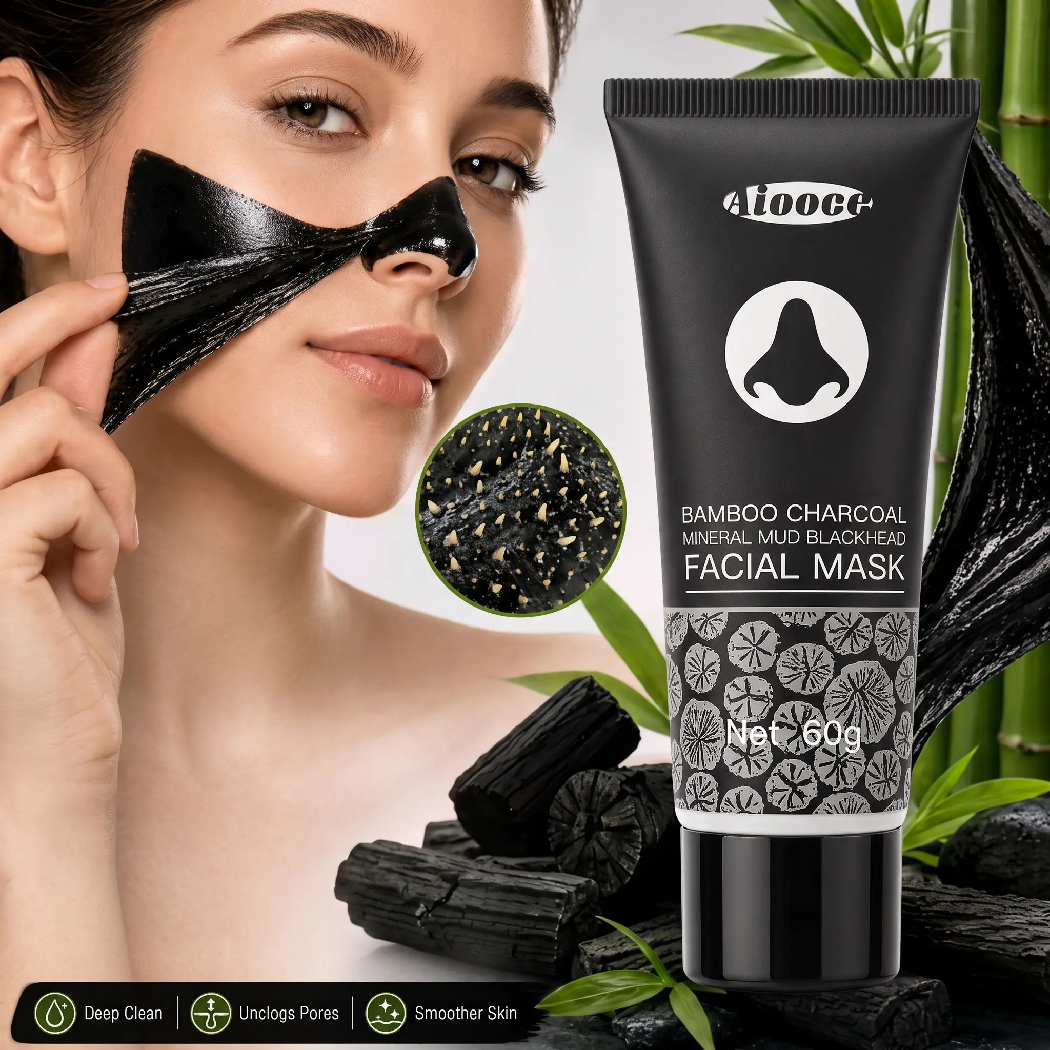 Bamboo Charcoal Blackhead Peel-Off Mask 60g, Deep Cleansing Facial Mask for Pore Care, Excess Oil & Visible Buildup on Nose, Chin & T-Zone