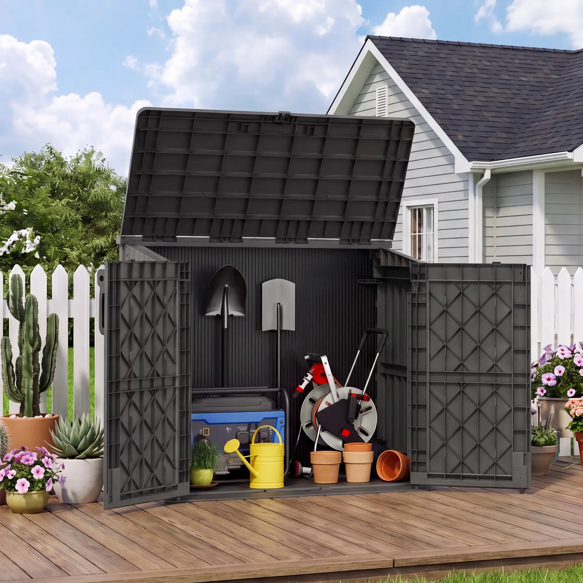 RIWENGO Outdoor Storage Shed Horizontal Storage Cabinet Waterproof for Garden Patio Backyard Trash Can Storage for Garbage Cans Tools Lawn Mower Box Modern