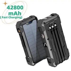 42800mAh Power Bank w/ Built-in 4 Cables, Thermometer, 15W Fast Charge, Solar Charger, 5/3 Ports, SOS Light, IR Indicator & Carabiner Phone Smartphone