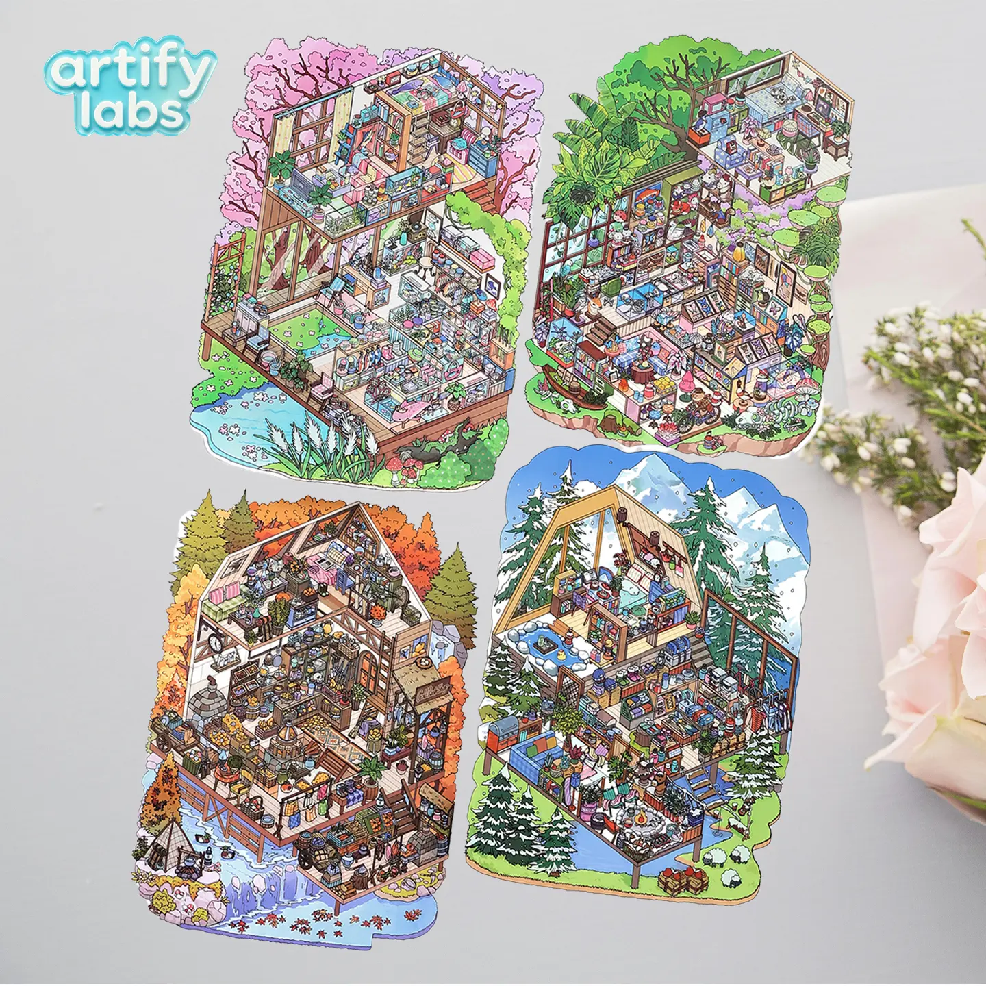4-Piece Four Seasons Large 3D Scene Sticker Set | Spring Summer Autumn Winter