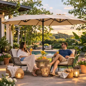 【Heavy Duty】Yaheetech 2026 New Verson 15/13ft Canopy Double Layer Cloth Patio Umbrella with 12 Ribs Hand Crank for Easy Opening 2 Sandbags Outdoor Design for Garden Pool and Lawn