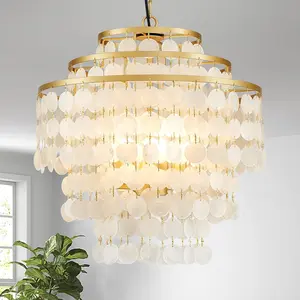 3-Tier Capiz Shell Chandelier, 4-Light Coastal Pendant Light Fixture with  Finish, Adjustable Height Modern for Kitchen Dining Room Bedroom Living Room Foyer, D17.7 * H23.3~59inch