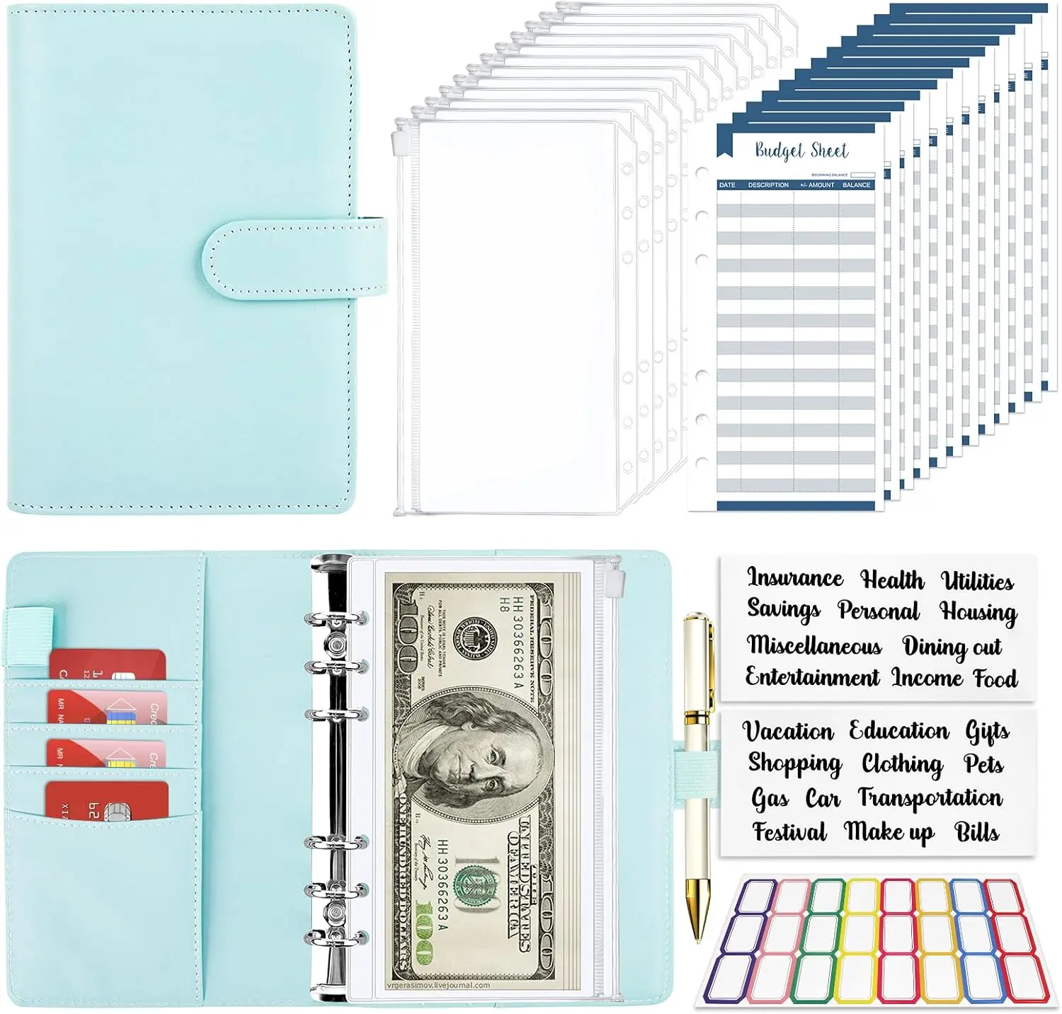 Budget Binder with Zipper Envelopes for Cash Saving - A6 Binder for Girls, Women, and Men money budget