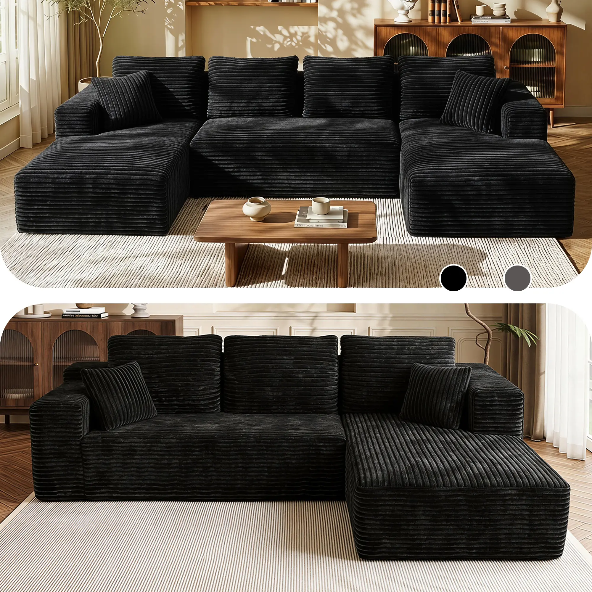 L‑Shaped Boneless Modular Sectional Sofa, Plush Wide‑Rib Corduroy Couch, No Assembly Required, Black, for Living Room & Apartment