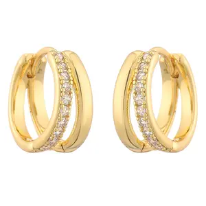 Small Gold Huggie Hoop Earrings for Women 14K Real Gold Plated Dainty Sterling Silver Post Split Mini Hoops Double Chain Drop Dangle Earrings for Women