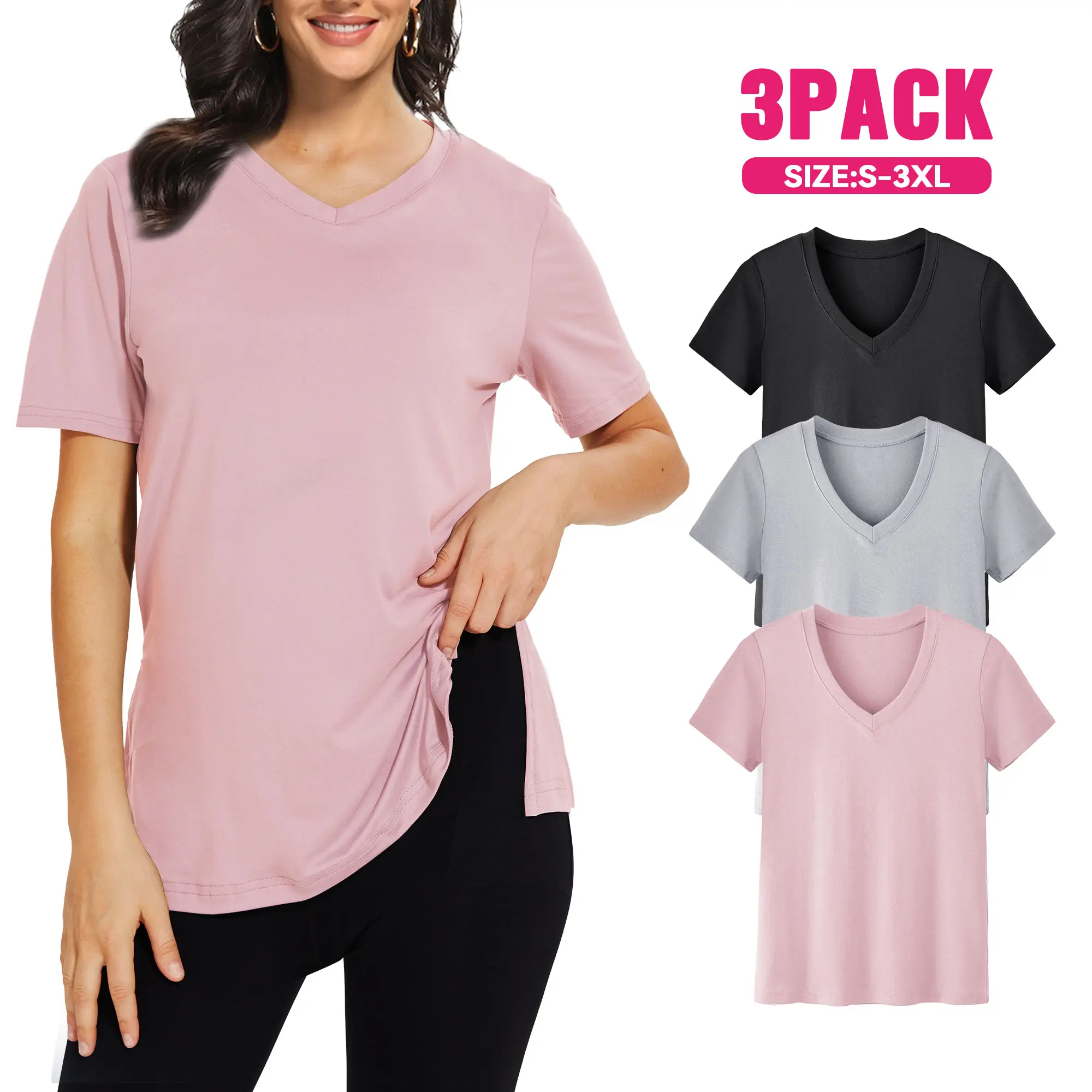 Showitty 3 Pack Short Sleeve T-Shirts for Women, Plus Size Basic Comfortable V-Neck Casual Summer Clothes Loose Fit Top Spandex #tiktokshopsummersale