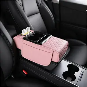 Car Center Console Armrest  Pillow ,  2 Side Storage Bag Cup & Phone Holder, Auto Armrest , Universal Fit ,Memory Foam Leather 4 in 1 Vehicle Arm Rest Cover with Tissue Box,Pink holfer console storage box  pillow  cushion