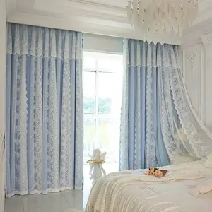 1pc New Blue Series Dual-Layer Fabric Sheer Curtain, Light Blocking Drapes for Bedroom & Living Room, French Lace Finished Window Covering, Home Decoration Curtain