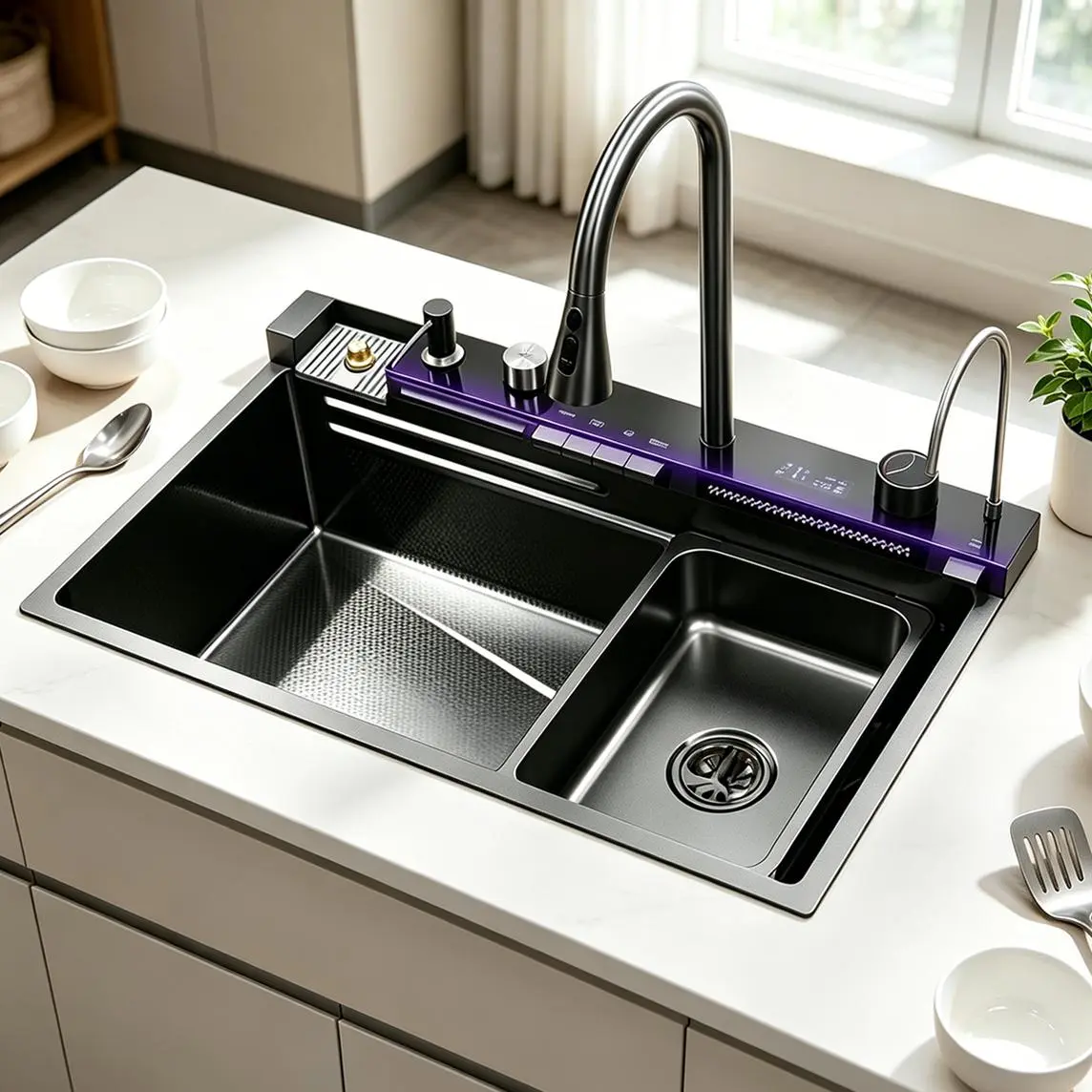29.5in L x 17.7in W x 8.1in D Smart Undermount 304 Stainless Steel Kitchen Sink Workstation Combo, Sink Unit Station with Digital Temp Display, 3-Spray 360° Swivel Pull-Down Faucet, Full Kit Including Colander, Cutting Board, Garbage Disposal Compatible,h