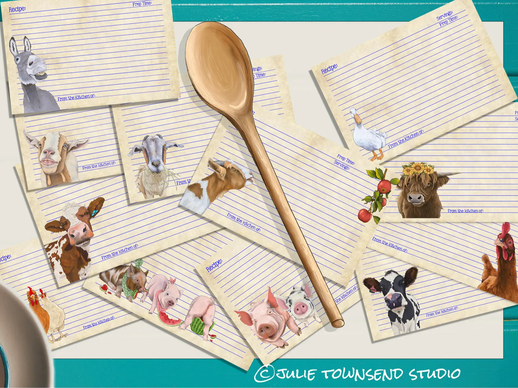 Recipe Card Set - Assorted Set of 12 Recipe Cards - Original Artwork of Julie Townsend Hard Cover Special Edition