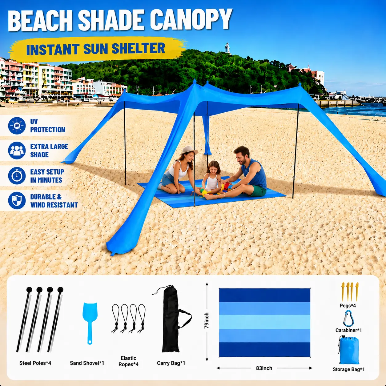 Beach Canopy Tent, Solid Adjustable Sun Shelter with UPF 50+ UV Protection, Portable with Sandbags, Poles & Anti-Wind Ropes for Camping & Picnics, Adjustable Canopy Shelter, Portable Sun Shelter