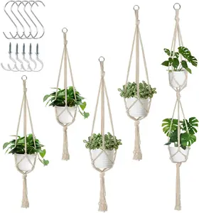 5 Pack Macrame  Hangers, Indoor Hanging  Holder with S Hooks and Hook Nails, 3 Sizes 34"/40"/54", Handmade Macrame Planter Hanging Baskets for Small  Pots, Boho Home Decor (Beige)