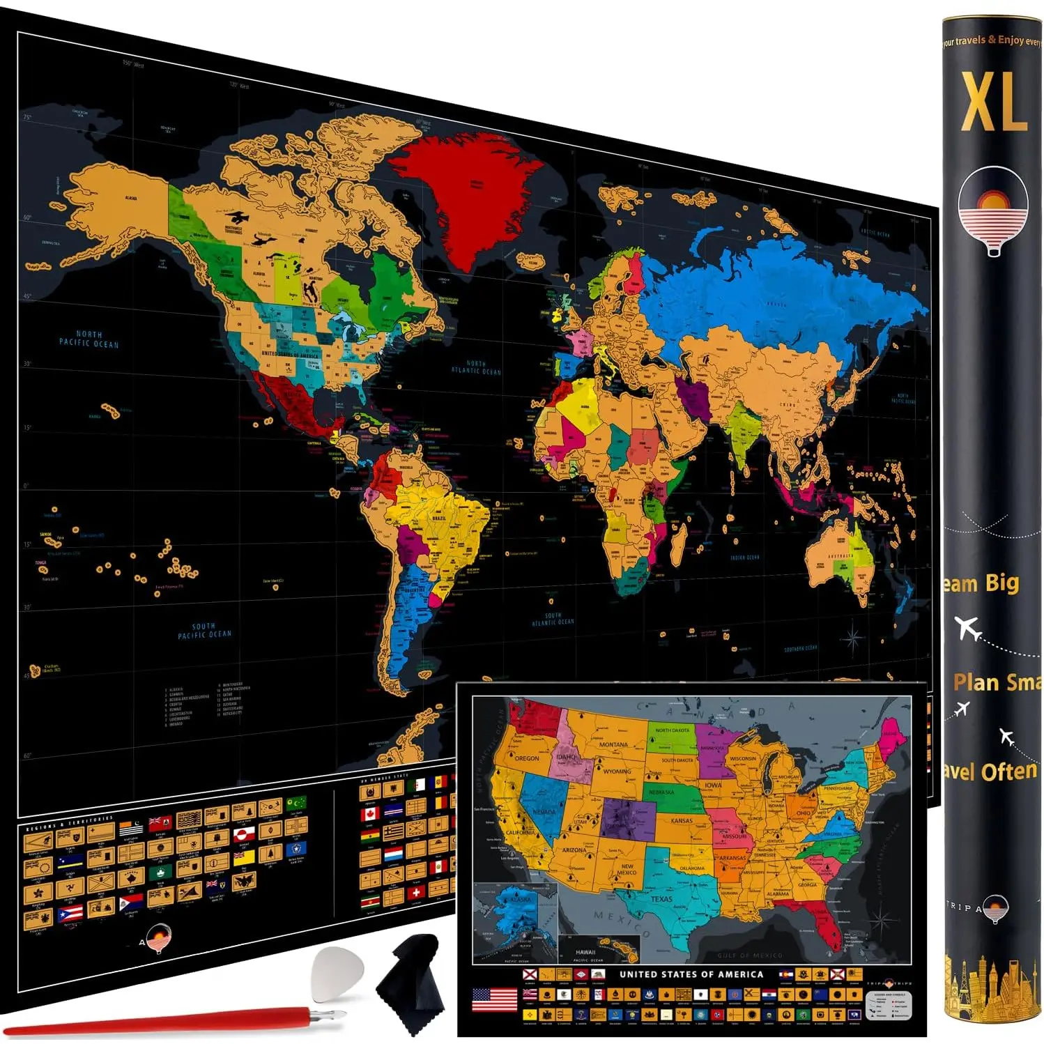 XL Scratch Off World Map with 233 Flags - 36 x 24 Scratch Off Map of The World + Scratch Off  Map - Easy to Frame World Scratch Off Map + Tools - Travel Map Wall Poster - Deluxe  for Travelers (BLACK)