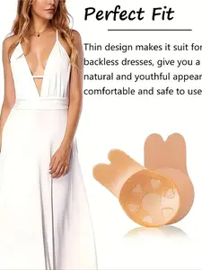 Women's Breast Lift Push-Up Bra Silicone Invisible Smooth Chest Strapless Rabbit Boost Tape Nipple Cover, Sexy Plain Fitted Medium Support Underwear