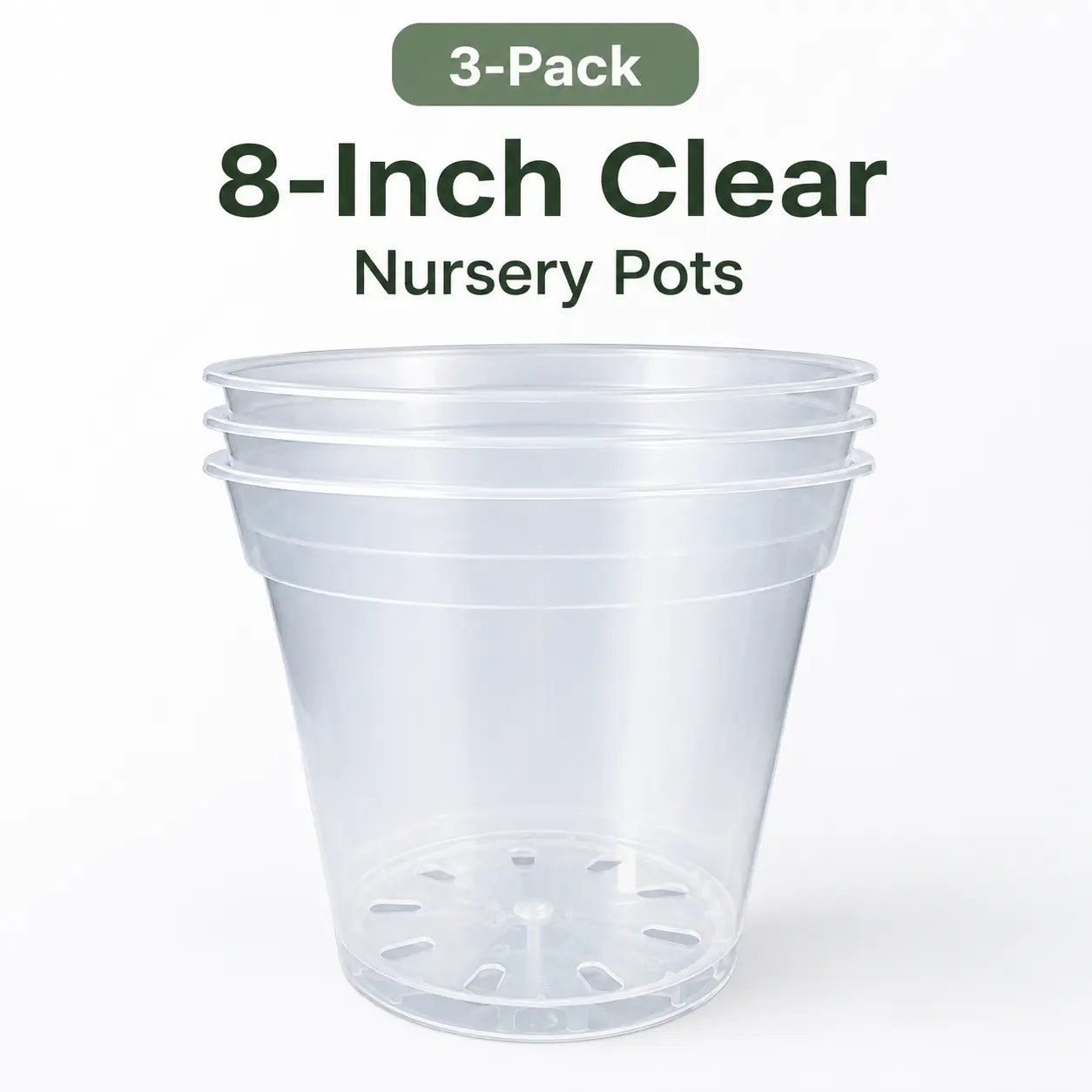 8-Inch Large Clear Nursery Pots 3 Pack Transparent Plastic Planter for Indoor & Outdoor Plants with Multiple Drainage Holes