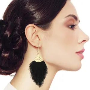 Black Silk Tassel Fringe Earrings with Hammered Triangle Fish Hook, Fashion Costume Jewelry Accessories