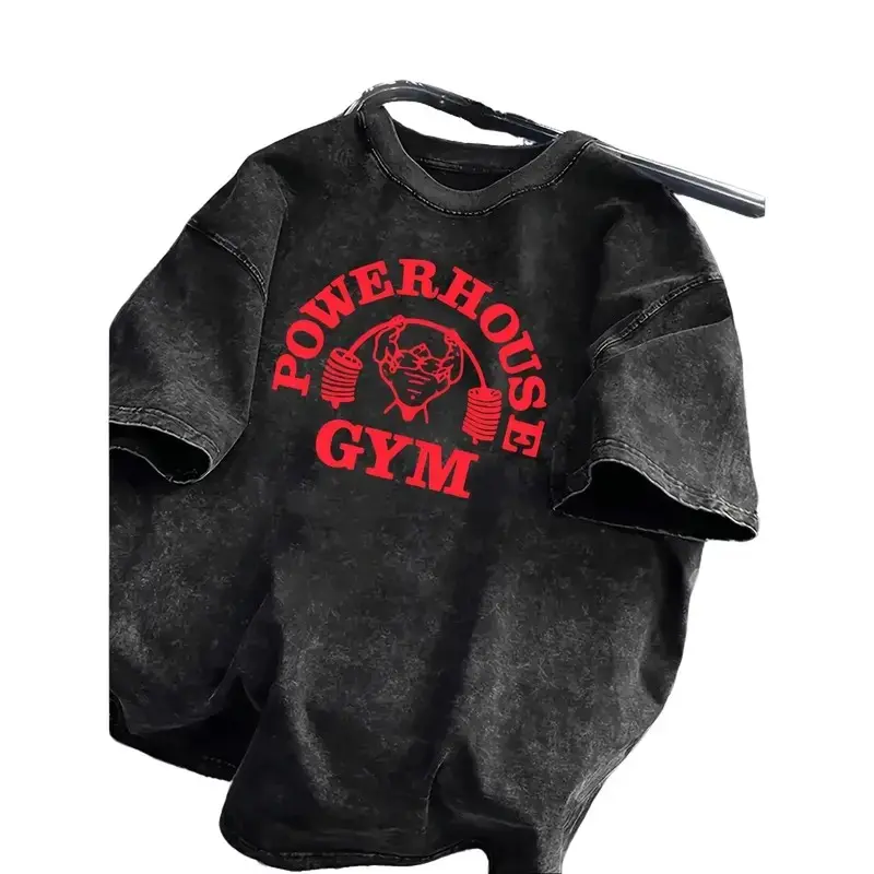 Men'S Heavyweight T-Shirt - 100% Vintage Washed Gym | Loose Fit, Wide Shoulder Sleeves, Gorilla World Gym & Powerhouse Gym Graphic Print