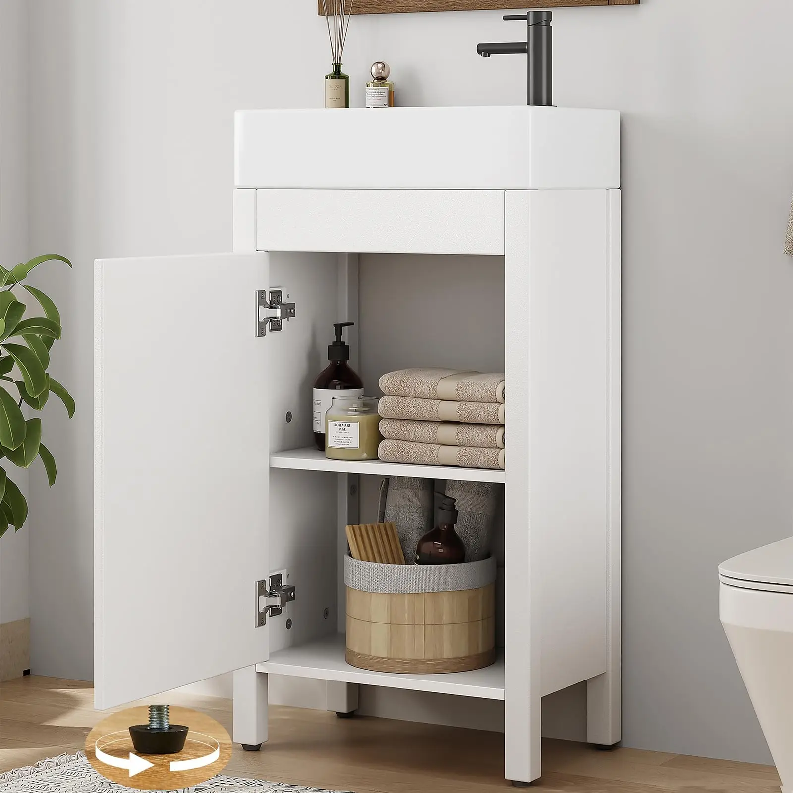 Garvee 16" Bathroom Vanity with Sink, Vintage Bathroom Cabinet Vanity with Doors, Farmhouse Wooden Freestanding Bathroom Cabinet with Top