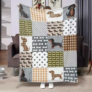 Dachshund Patchwork Flannel Blanket, Ultra-Soft Plush Throw with Adorable Wiener Dog & Paw Print Design, Cozy Warm Fleece Blanket for Couch Bed, Perfect Gift for Dog Lovers & Pet Parents, All-Season Comfort