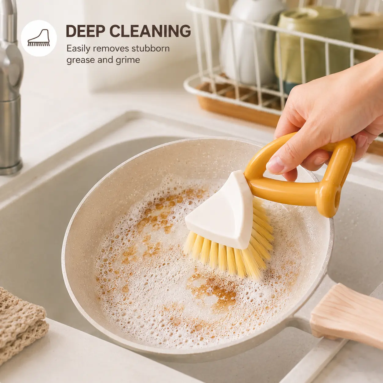 1 Count, Kitchen Cleaning Brush with Dense Stiff Bristles, Ergonomic Standing Handle for Dishes Sinks Pans Cups Household Scrubbing