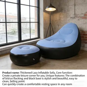 1pc Blue Flocked Inflatable Sofa with Footrest, Foldable Single Recliner, Soft Nylon Fluff Texture, Lightweight Easy Storage Lounge Chair for Bedroom Living Room Balcony Camping Outdoor Relaxation, Practical Portable Home Leisure Furniture