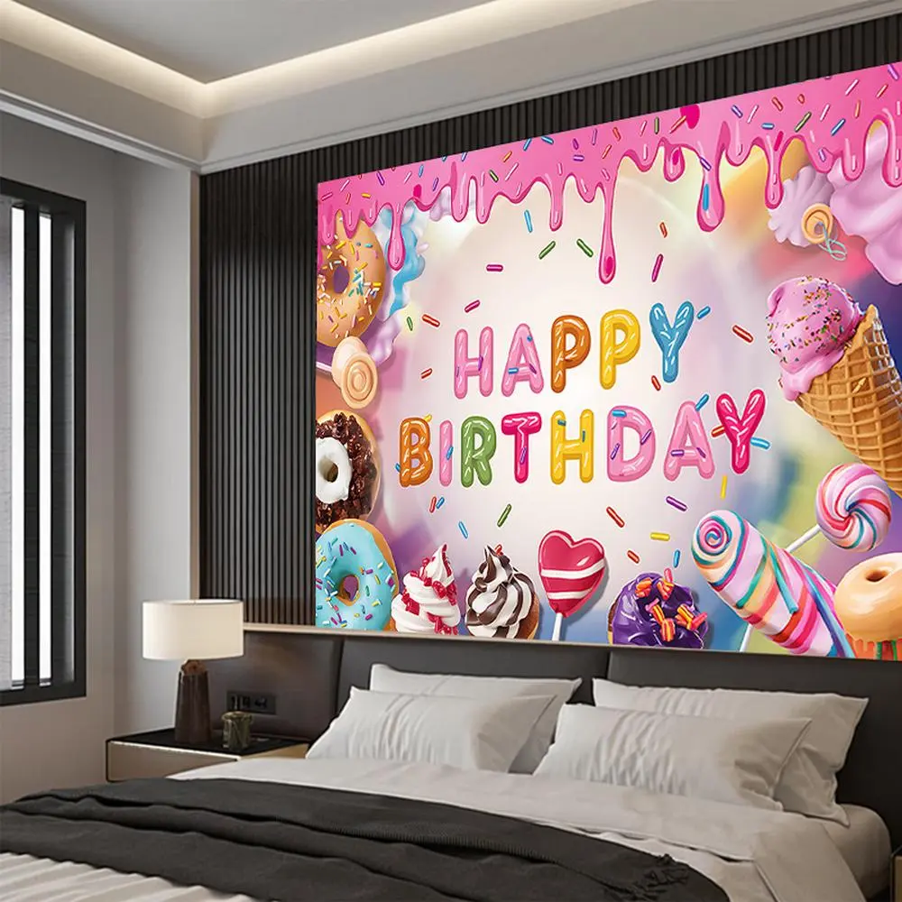1-Piece Donut Theme Vibrant Polyester Happy Birthday Banner, Party Decoration Supplies with Colorful Icing & Sprinkles Design, Reusable Wall Hanging Backdrop for Photo Booth Props,summerwins