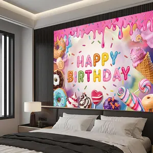 1pc Sweet Donut Happy Birthday Banner - Vibrant Polyester Backdrop with Colorful icing & Sprinkles Design, Perfect for Party Decor, Photo Props, and Home Wall Decoration, Birthday Party Decoration