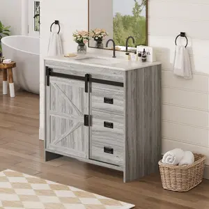 30"/32"/36" Farmhouse Single Bathroom Vanity with Ceramic Top, Gray Sliding Barn Door Sink Cabinet with Storage