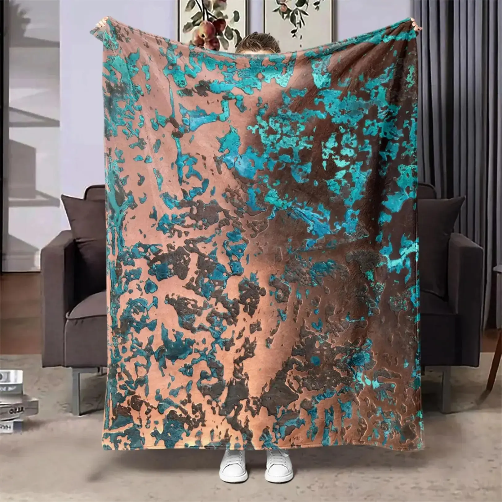 Creative Abstract Pattern Blanket,Warm Nap Blanket for Home Office Travel Camping, Breathable Soft Blanket, Soft Cozy Blanket, Turquoise Rust Marble Art Decor Blanket, Lightweight All Season Sofa Bedding, Birthday Holi
