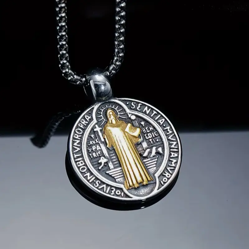 Christian Saint Benedict Cross Pendant gold Necklace Unisex Religious Jewelry Latin Cross Benedictine Abbey Design Durable Zinc Alloy Chain for Men Women Gift